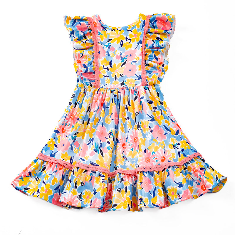 (In Stock E29-5-2)One Pack(2 Pieces total) Girls Coral Mustard Floral Ruffles Dress
