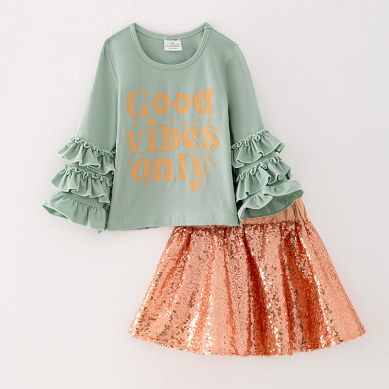 (In Stock G25-04-03)Girls Mint Ruffled Top Skirt Set