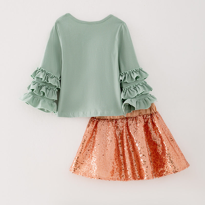 (In Stock G25-04-03)Girls Mint Ruffled Top Skirt Set