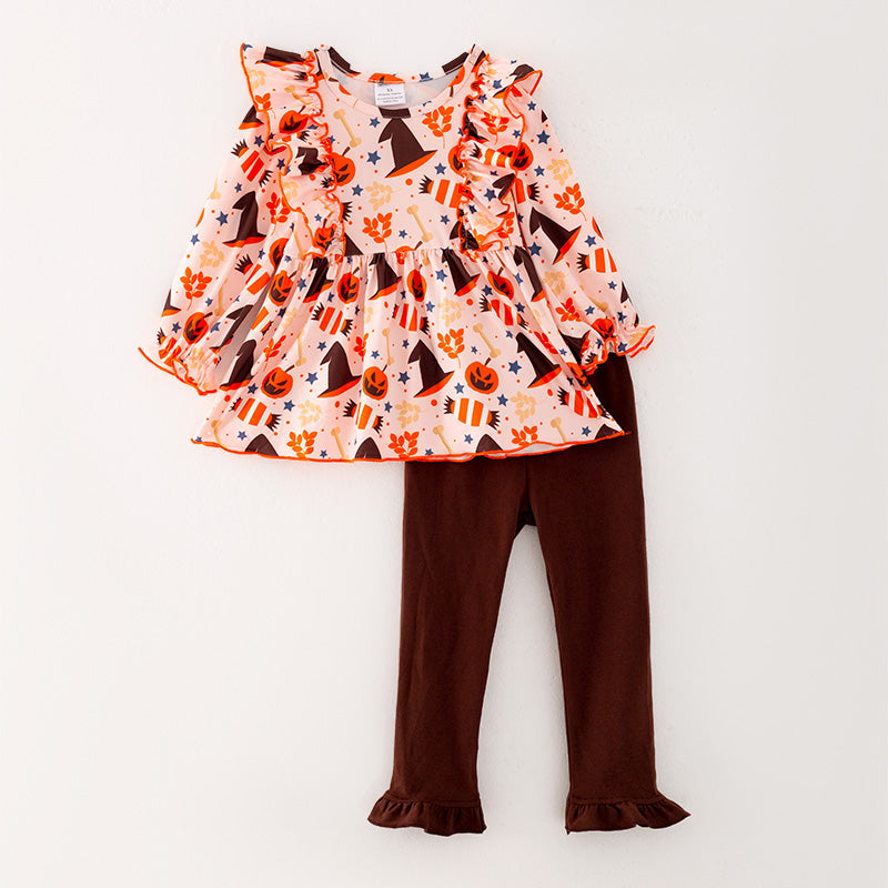 (In Stock G24-04-01)Girls Brown Cartoon Print Outfit Set