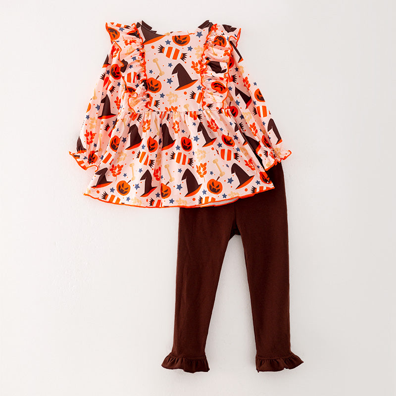 (In Stock G24-04-01)Girls Brown Cartoon Print Outfit Set