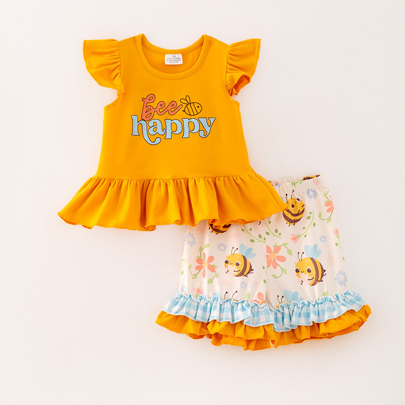 (In Stock)Girls Spring and Summer Bee Print Shorts Set