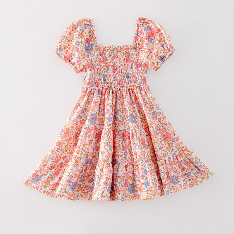 (In Stock)Girls Easter Floral Print Smocked Dress