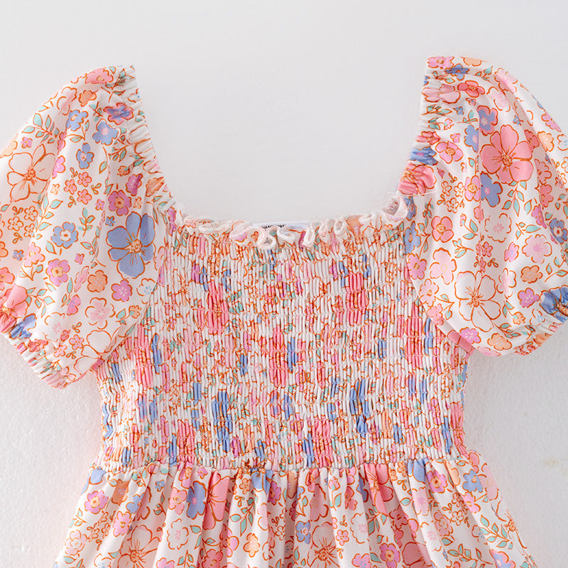 (Pre Order,Prepack Zone)Girls Easter Floral Print Smocked Dress(Mix Size)