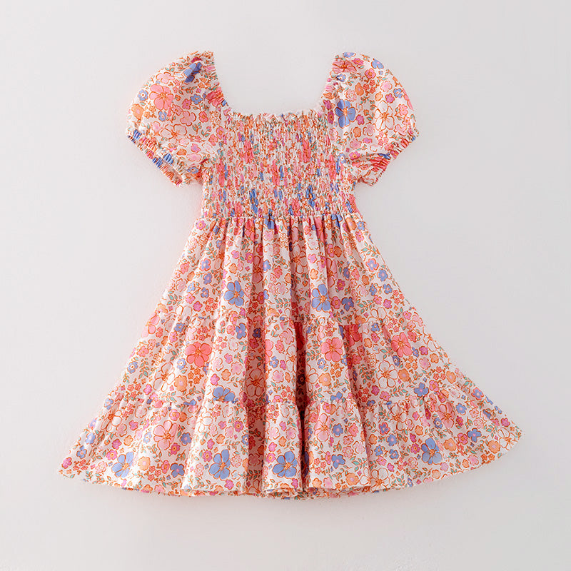 (Pre Order,Prepack Zone)Girls Easter Floral Print Smocked Dress(Mix Size)