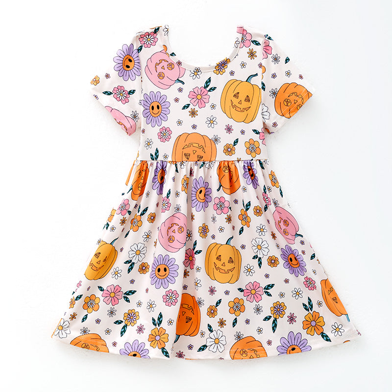 (In Stock)Girls Halloween Pumpkin Print Dress
