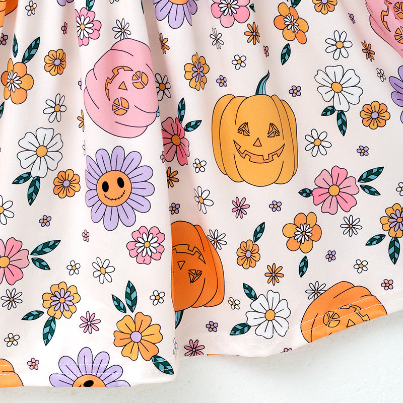 (In Stock)Girls Halloween Pumpkin Print Dress