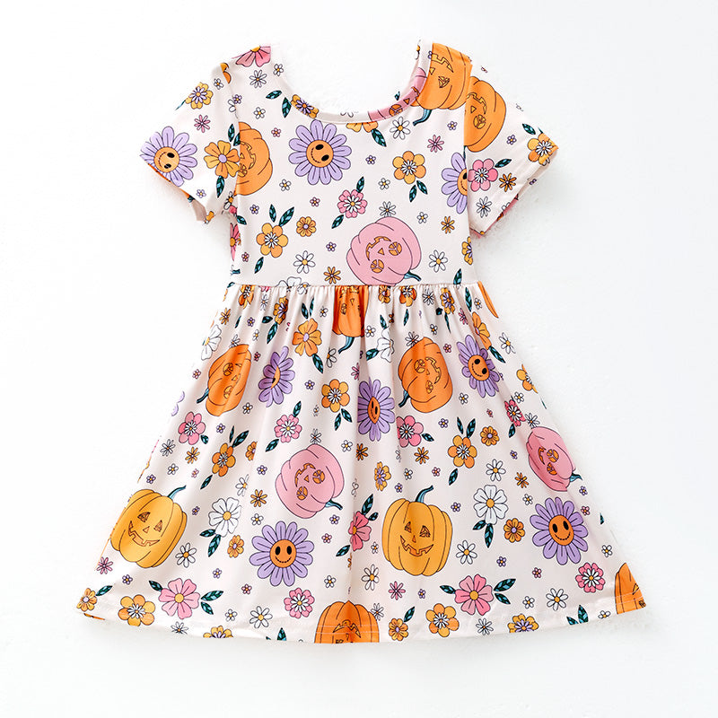(In Stock)Girls Halloween Pumpkin Print Dress