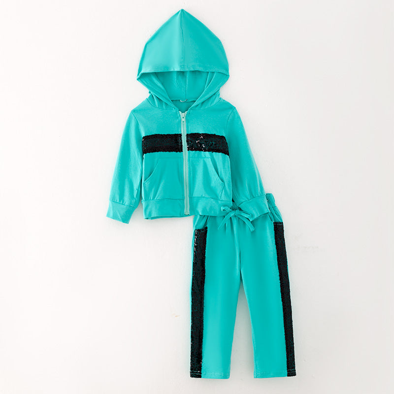 (In Stock G31-05-03)Girls Turquoise Hooded Sports Set