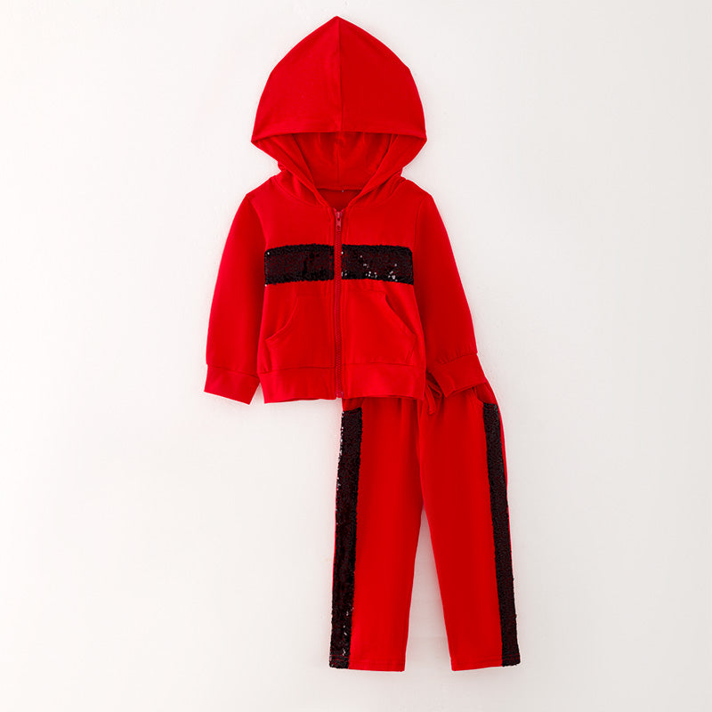 (In Stock G31-04-03)Girls Red Hooded Sports Set