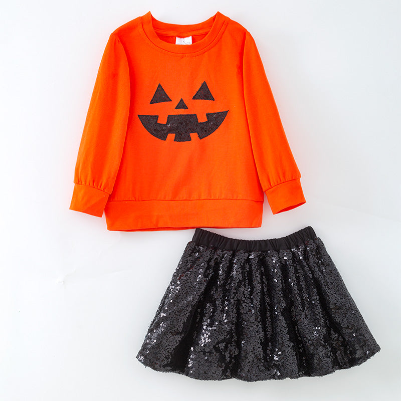 (In Stock)Girls Halloween Cotton Sweatshirt Sequin Skirt Set
