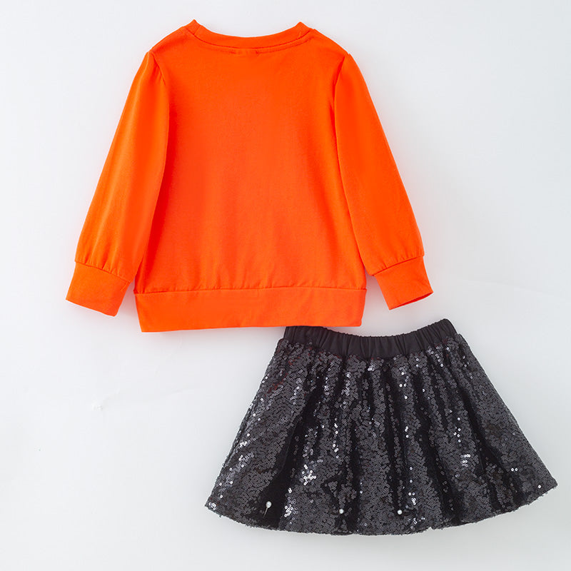 (In Stock)Girls Halloween Cotton Sweatshirt Sequin Skirt Set