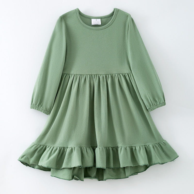 (In Stock)Girls Fall&Winter Grass Green Cotton Dress