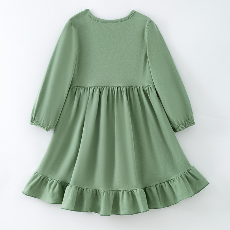 (In Stock)Girls Fall&Winter Grass Green Cotton Dress