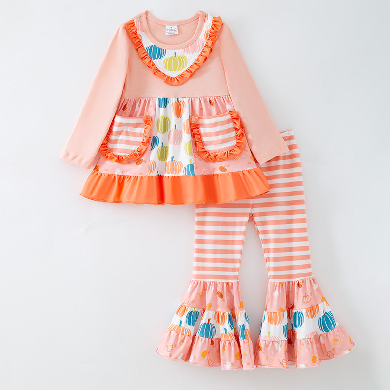 (In Stock)Girls Thanksgiving&Halloween Pumpkin Print Outfit Set