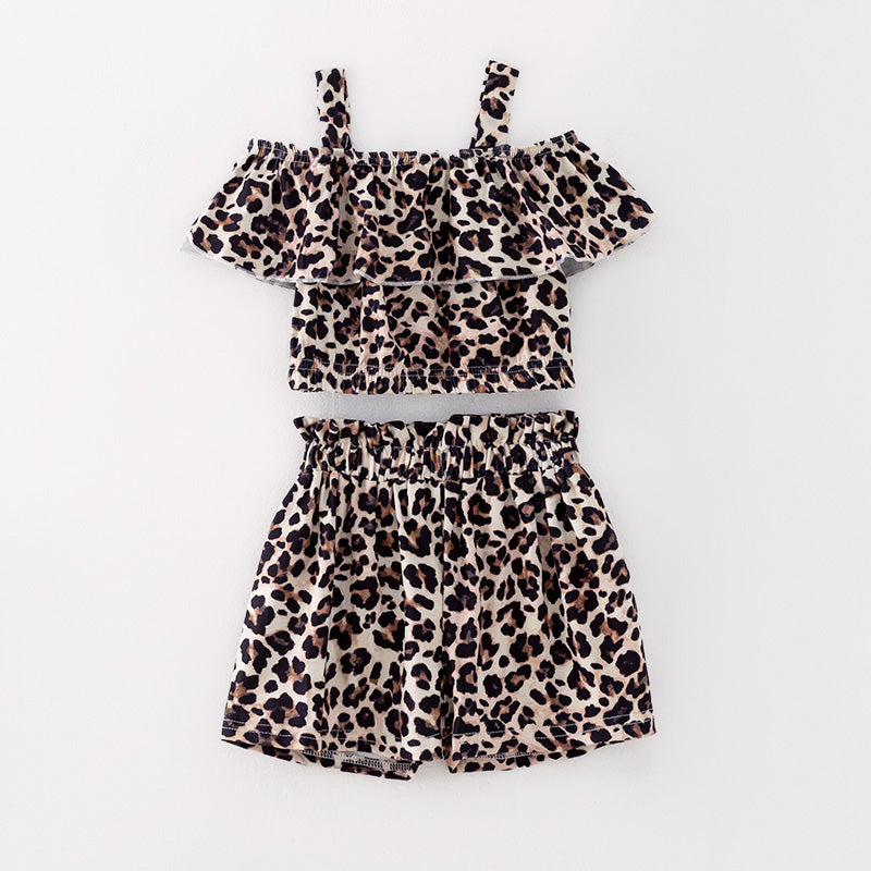 (In Stock)Girls Spring and Summer Leopard Print Halter Shorts Suit