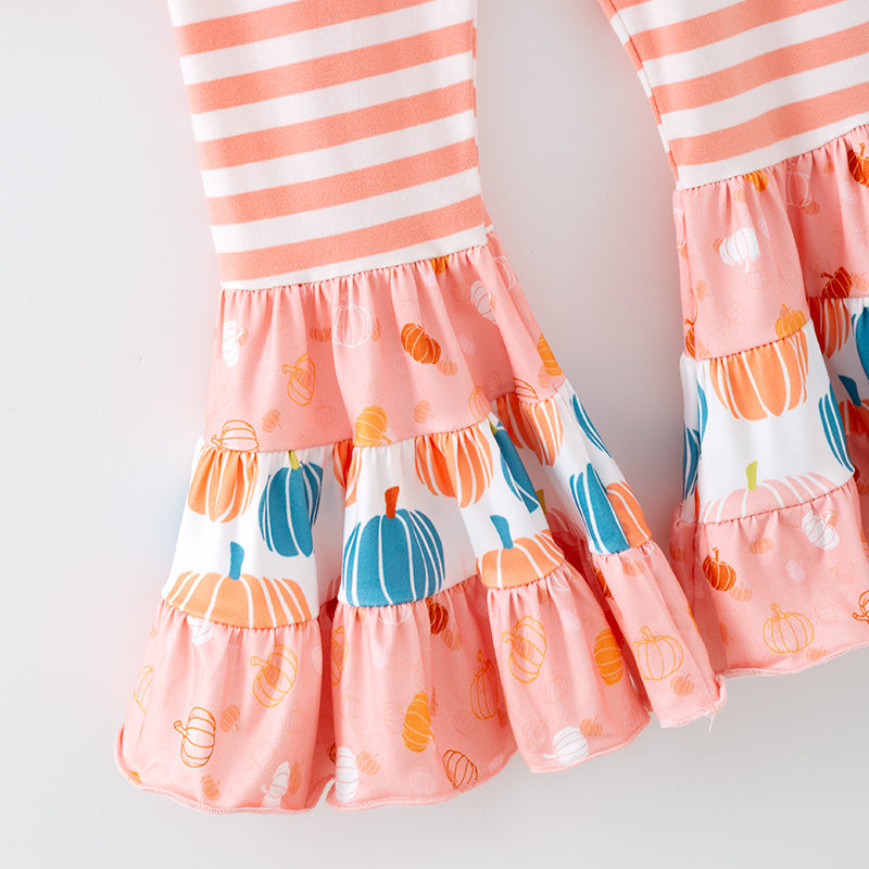 (In Stock)Girls Thanksgiving&Halloween Pumpkin Print Outfit Set