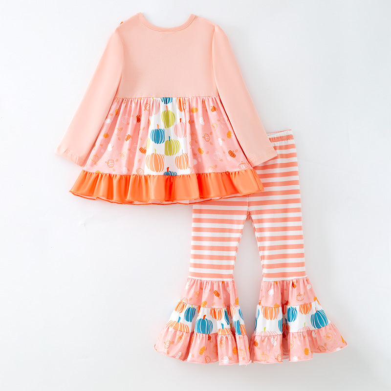 (In Stock)Girls Thanksgiving&Halloween Pumpkin Print Outfit Set