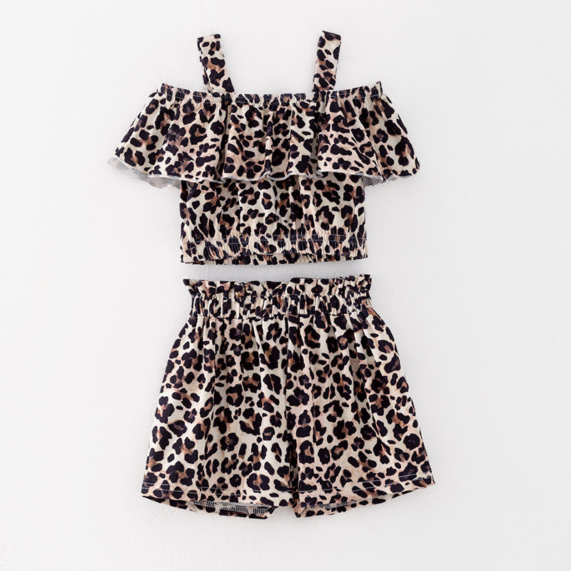 (In Stock)Girls Spring and Summer Leopard Print Halter Shorts Suit