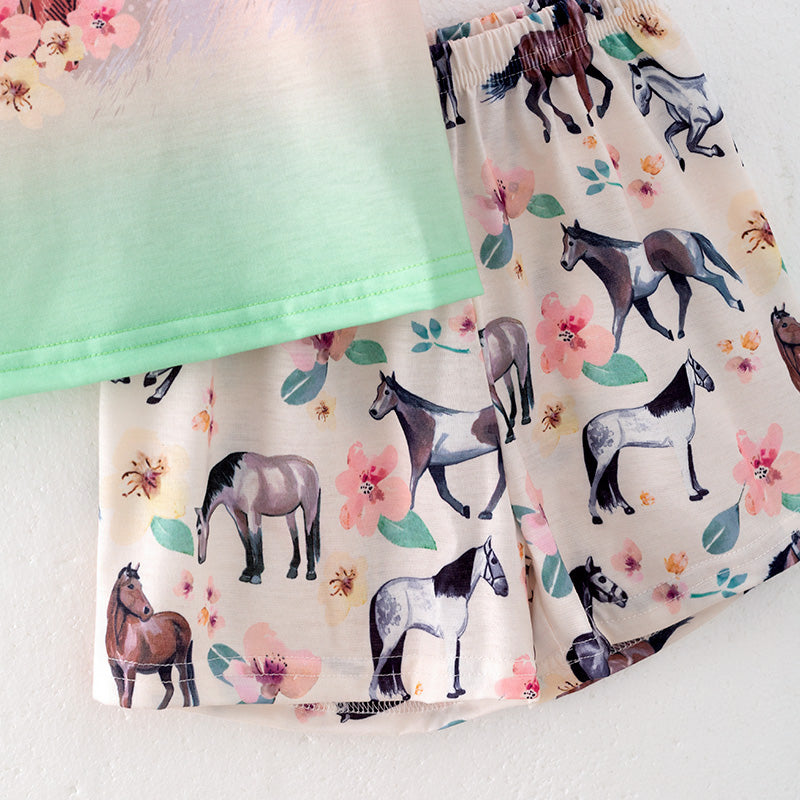 (In Stock)Girls Spring and Summer Horse Print Pajamas