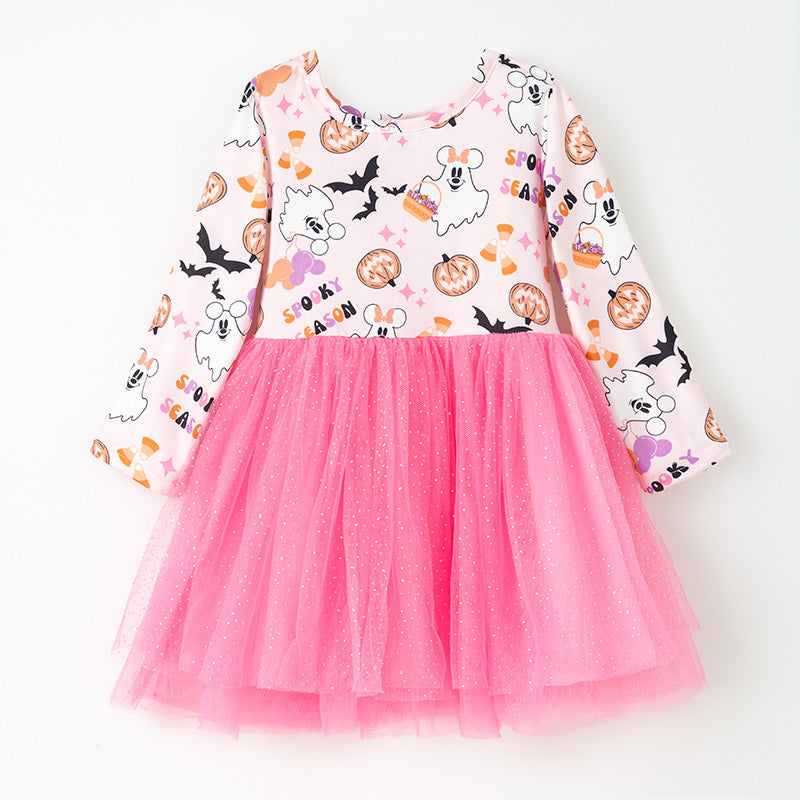 (In Stock)Girls Halloween Print Pink Tulle Dress