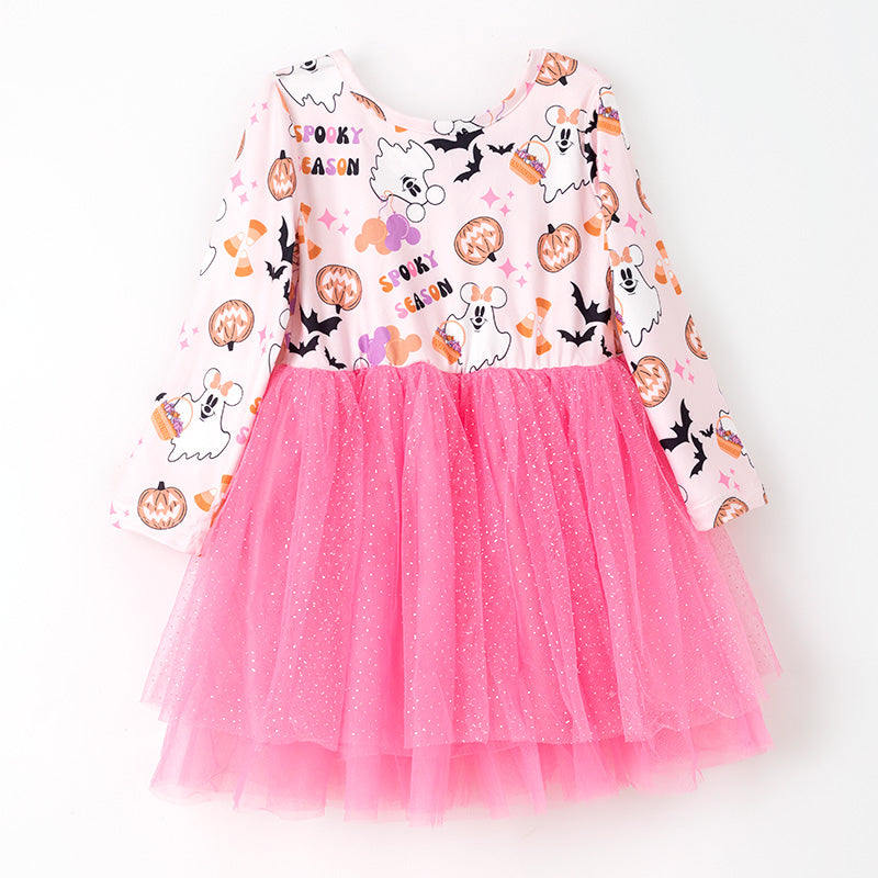 (In Stock)Girls Halloween Print Pink Tulle Dress