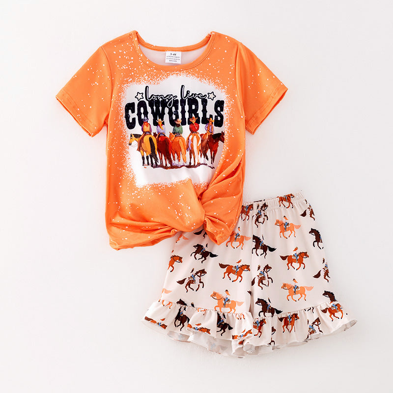 (In Stock)Girls Spring and Summer Cowgirls Print Shorts Set