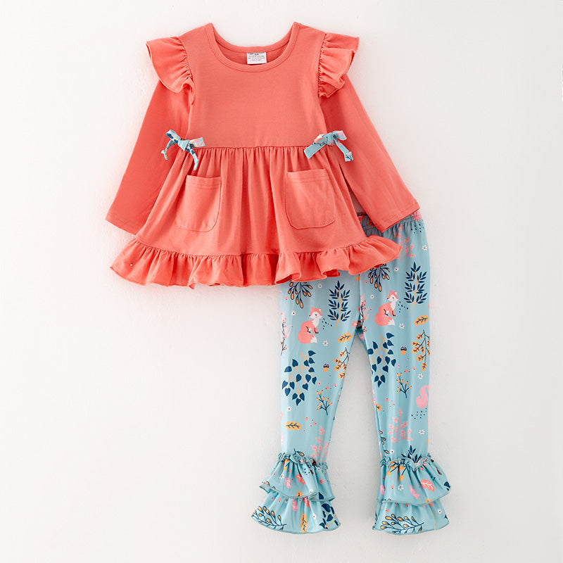 (In Stock G32-5-3)Girls Coral Top Cartoon Print Pants Set