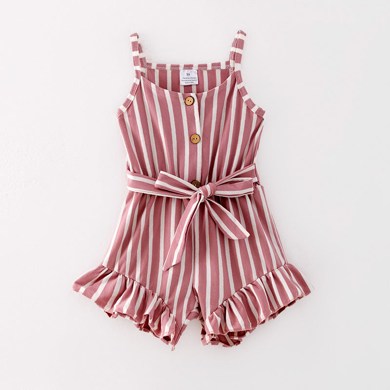 (In Stock)Girls Spring and Summer Pink Stripe Jumpsuit