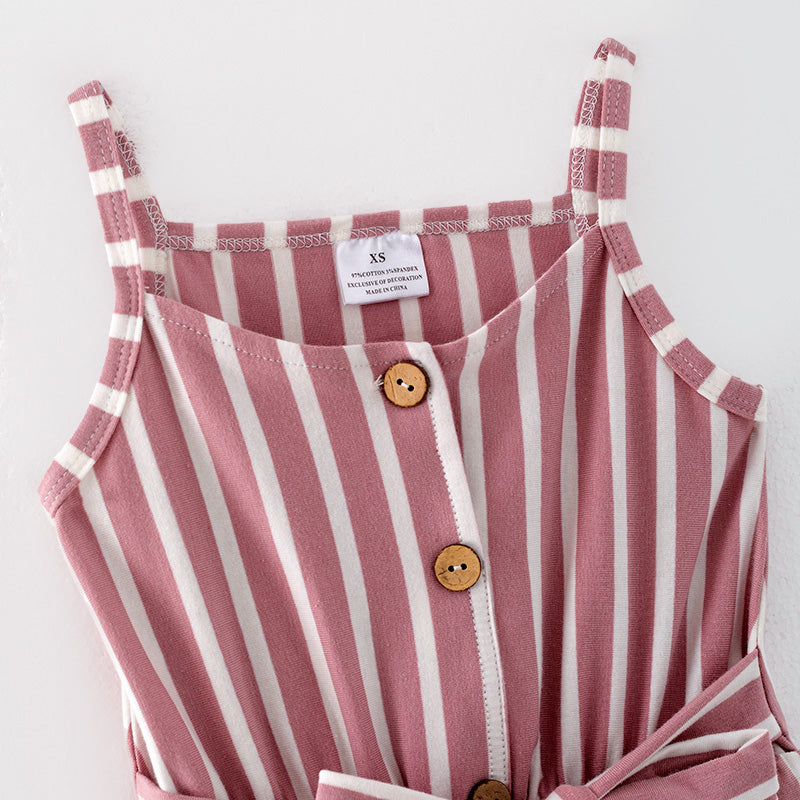 (In Stock)Girls Spring and Summer Pink Stripe Jumpsuit