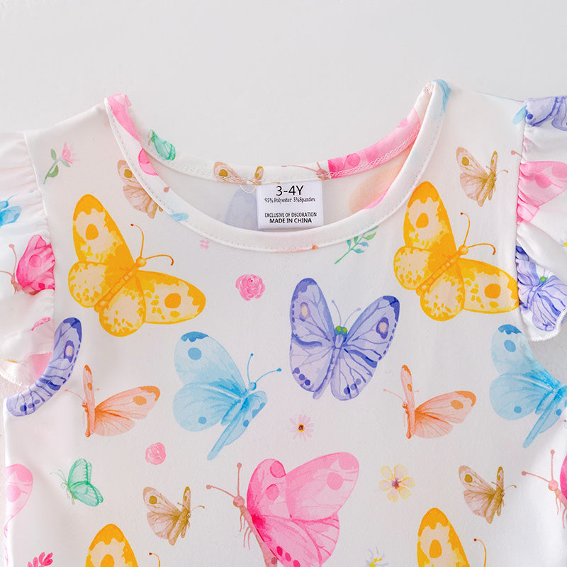 (In Stock)Girls Spring and Summer Floral Print Flying Sleeves Dress 2PCS