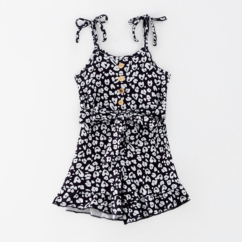 (In Stock)Girls Spring and Summer Black&White Leopard Print Jumpsuit