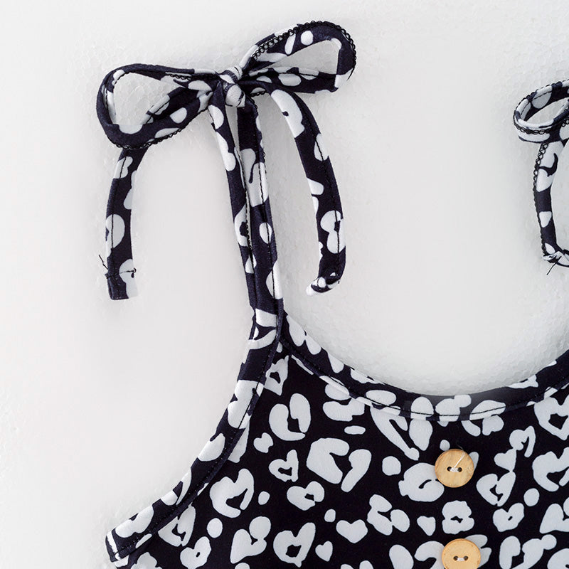 (In Stock)Girls Spring and Summer Black&White Leopard Print Jumpsuit