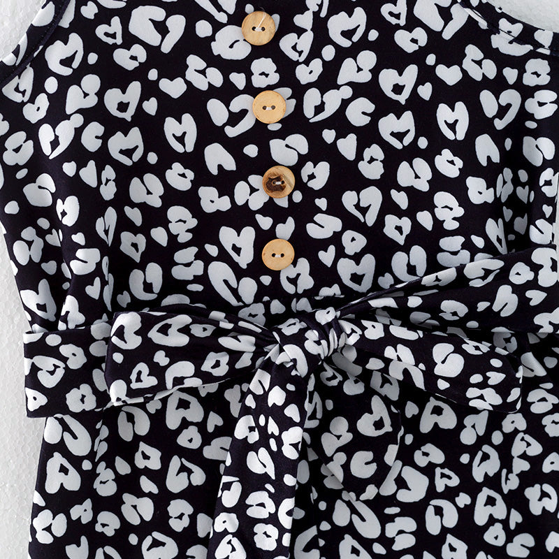 (In Stock)Girls Spring and Summer Black&White Leopard Print Jumpsuit