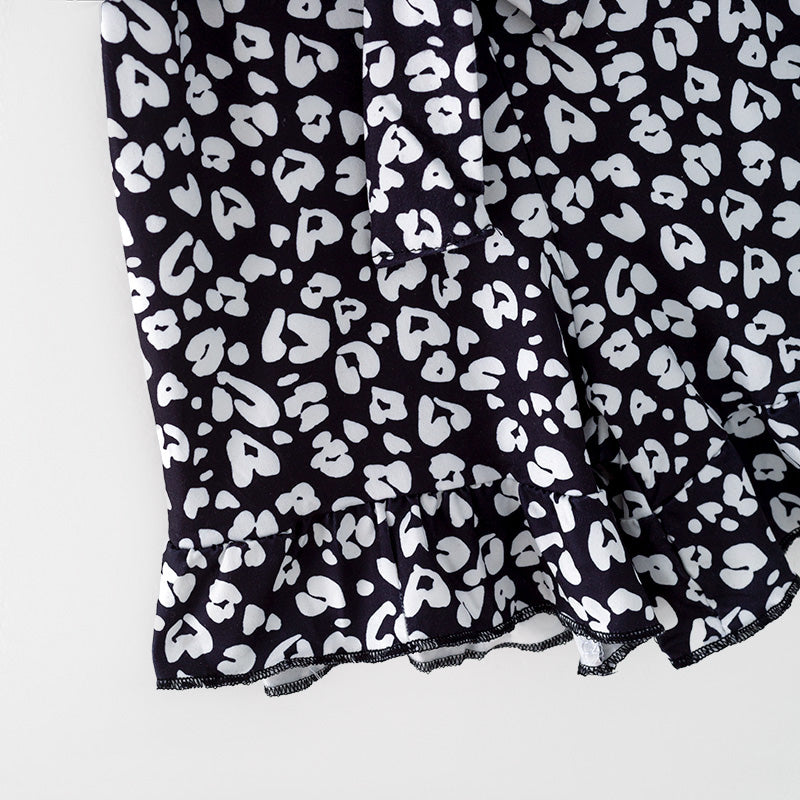 (In Stock)Girls Spring and Summer Black&White Leopard Print Jumpsuit