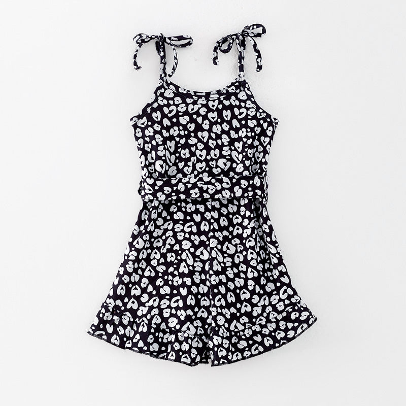 (In Stock)Girls Spring and Summer Black&White Leopard Print Jumpsuit