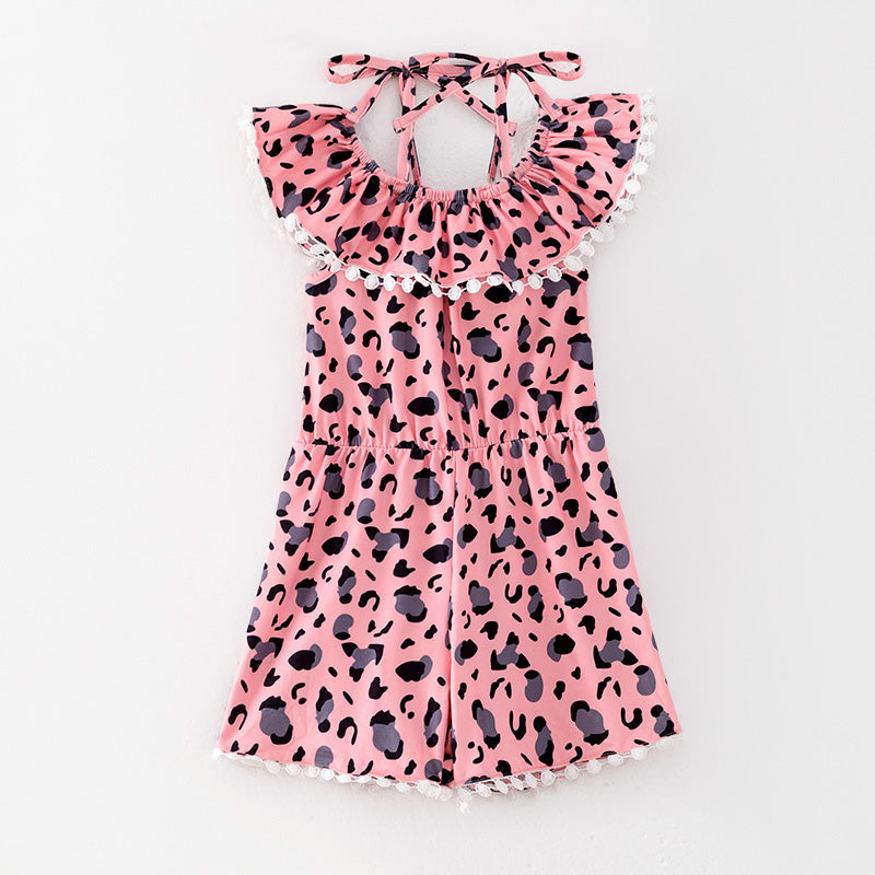 (In Stock)Girls Spring and Summer Pink Leopard Print Jumpsuit
