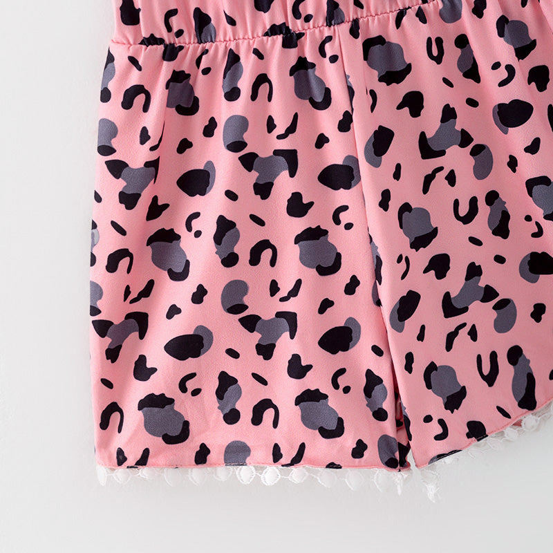 (In Stock)Girls Spring and Summer Pink Leopard Print Jumpsuit