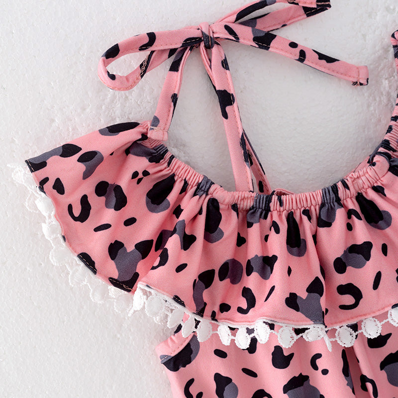 (In Stock)Girls Spring and Summer Pink Leopard Print Jumpsuit