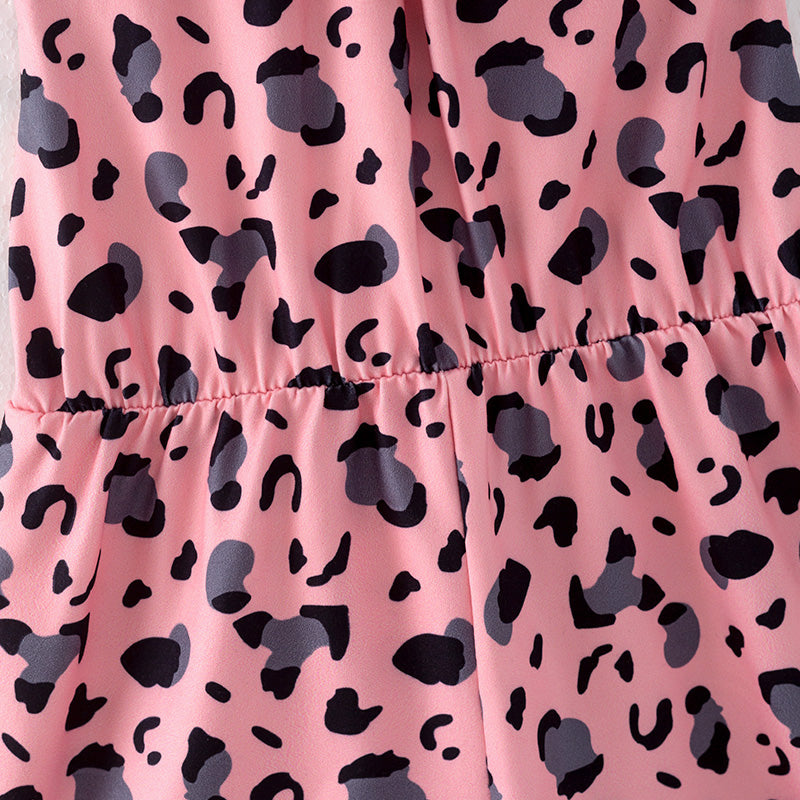 (In Stock)Girls Spring and Summer Pink Leopard Print Jumpsuit
