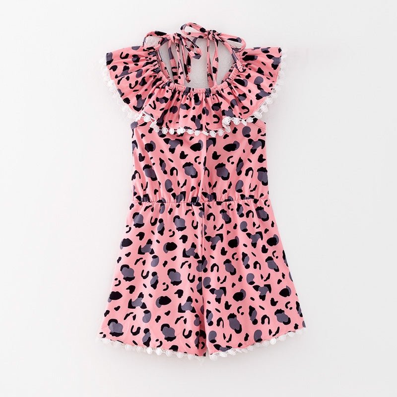 (In Stock)Girls Spring and Summer Pink Leopard Print Jumpsuit