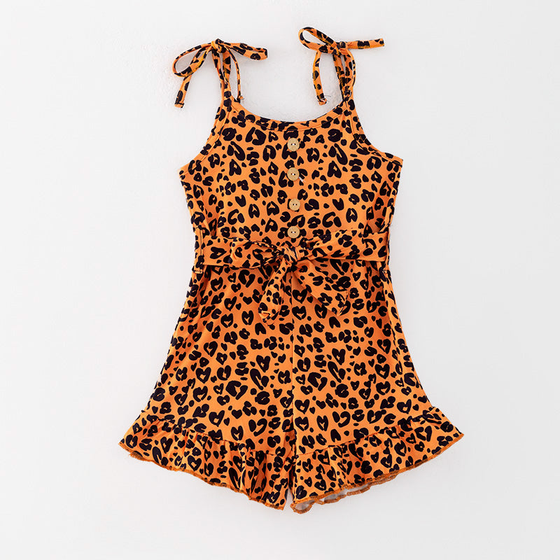 (In Stock)Girls Spring and Summer Brown Leopard Print Jumpsuit