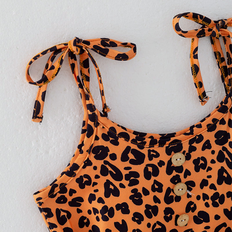 (In Stock)Girls Spring and Summer Brown Leopard Print Jumpsuit