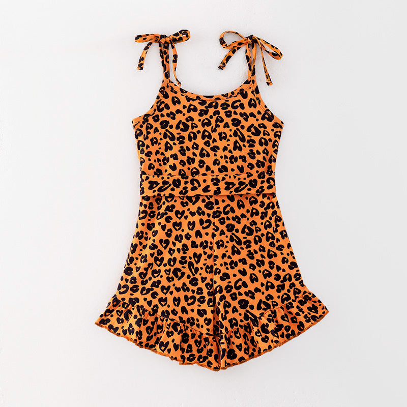 (In Stock)Girls Spring and Summer Brown Leopard Print Jumpsuit