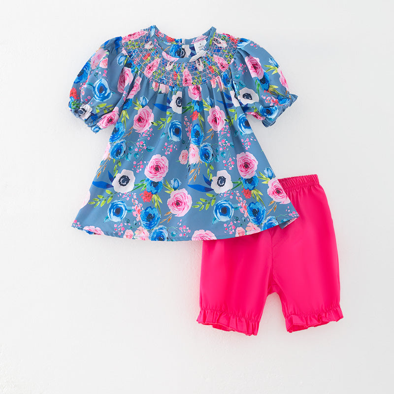 (In Stock)Girls Spring and Summer Floral Print Smocked Shorts Set