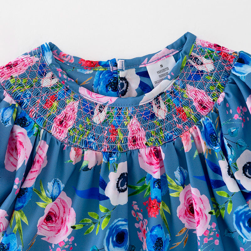 (In Stock)Girls Spring and Summer Floral Print Smocked Shorts Set