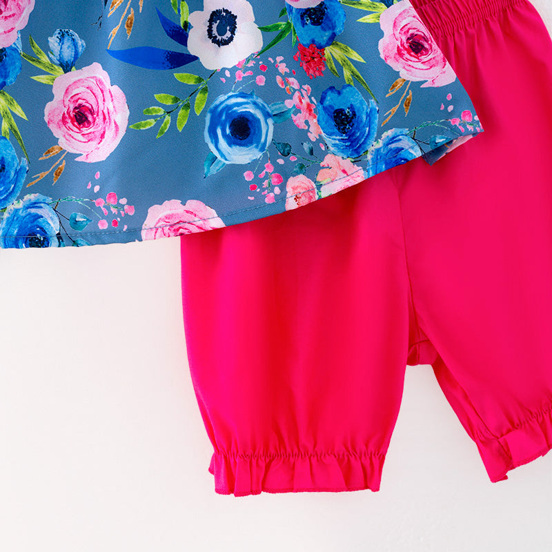 (In Stock)Girls Spring and Summer Floral Print Smocked Shorts Set