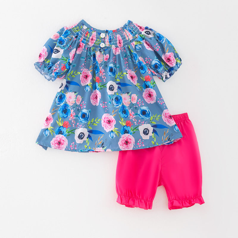 (In Stock)Girls Spring and Summer Floral Print Smocked Shorts Set