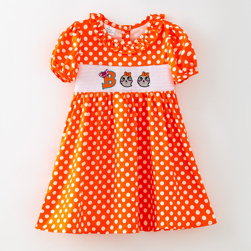 (In Stock)Girls Halloween BOO Embroidery Smocked Dress