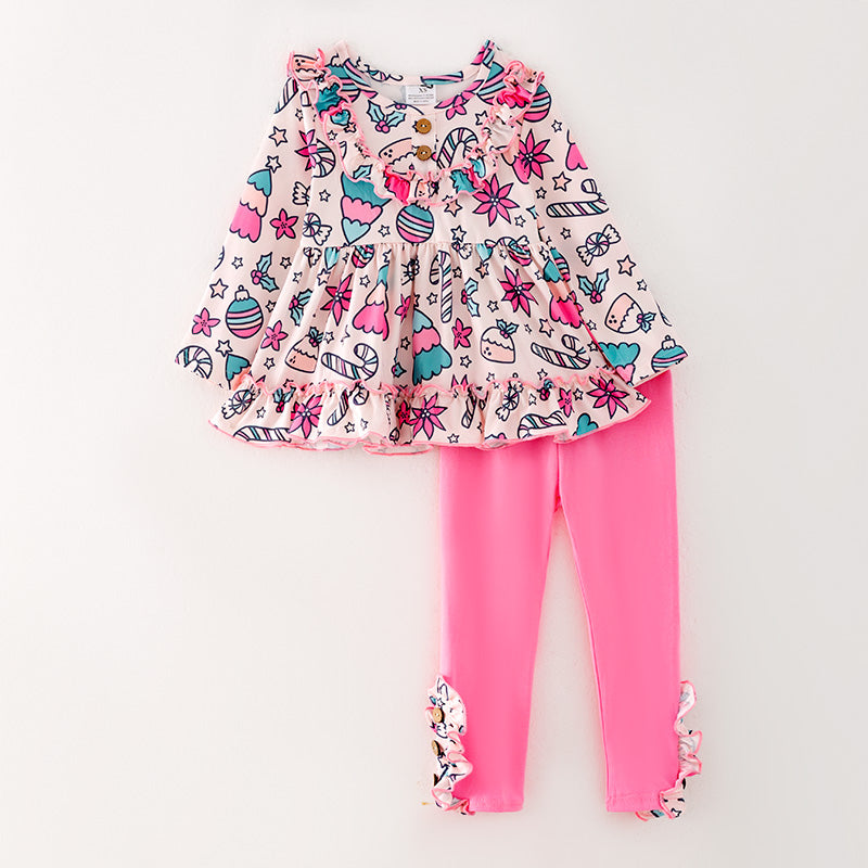 (In Stock)Girls Christmas Print Top Pink Pants Set